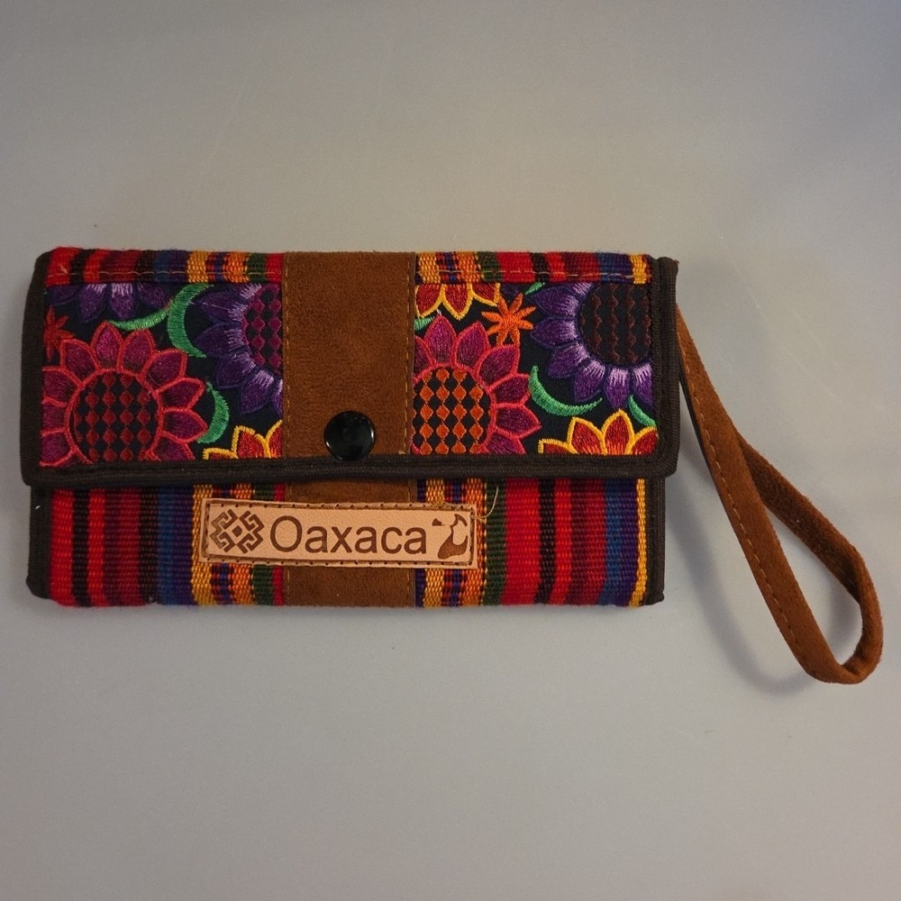 Oaxaca Mexico Wallet / Purse Wool Leather Handmade ‎ 4"x 7" Artesania Zapotec